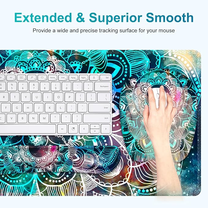 Large Mouse Pad with Wrist Support 4 in1 Set, XXL Big Game Mousepad + Keyboard Wrist Rest+Mouse Wrist Rest+Coaster Ergonomic Gaming Mat for Home Office Table Computer I Nice Green Mandala