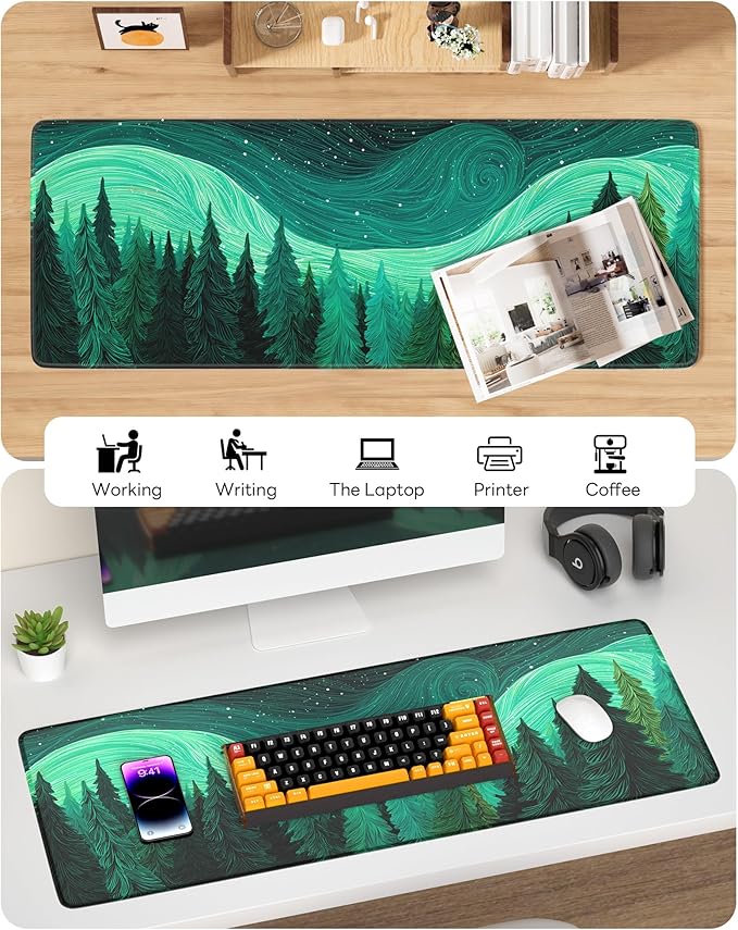 Nature Mouse Pad, 31.5 x 11.8 Large Desk Mat with Stitched Edges & Non-Slip Base, Mousepad for Office, Home, Work, Green Illustration