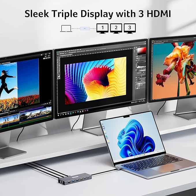 Acer Docking Station 3 Monitors with 3 HDMI, 13-in-1 USB C Hub for Laptop with 4K@60Hz HDMI, 1 Gbps Ethernet, 10Gbps Data, 100W PD, SD/TF, Laptop Dock for Acer/XPS/Spectre/Surface/Mac