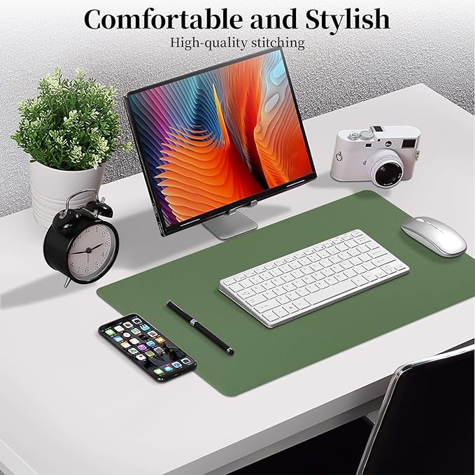 Olive Green Leather Desk Mat Large Mouse Pad, Waterproof Desk Pad for Keyboard and Mouse, Non-Slip Computer Desk Protector, Smooth Mouse Movement Desk Mat for Home and Office(23.6"×13.8")
