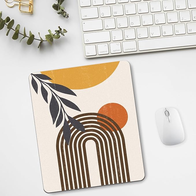 Boho Abstract Mouse Pad Cute, Modern Art Leaf Sun Rectangular Laptop Mousepad Minimalist Geometric Office Bohemian Small Vertical Portable Desk Pad Non-Slip Mouse Mat Washable Desk Decor Accessories