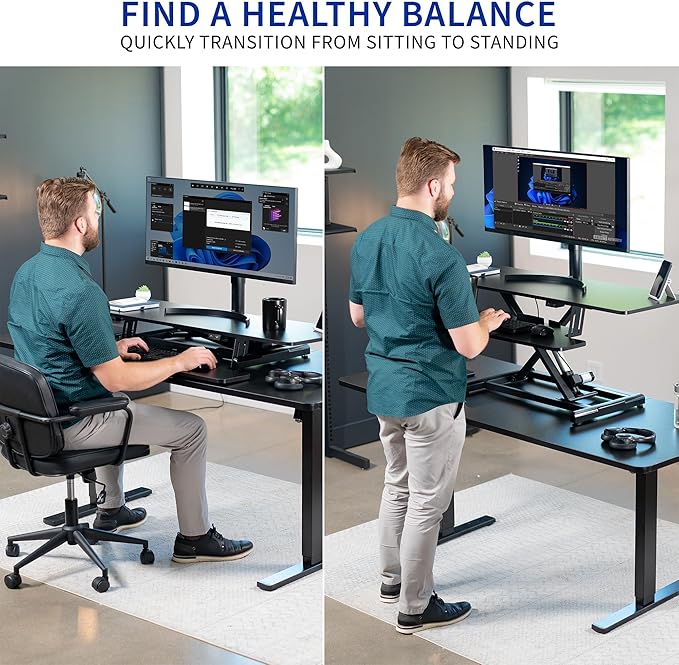 VIVO 47 inch Electric Motor Desk Converter, Height Adjustable Riser, Sit to Stand Dual Monitor and Laptop Workstation with Wide Keyboard Tray, Black, DESK-VE48B