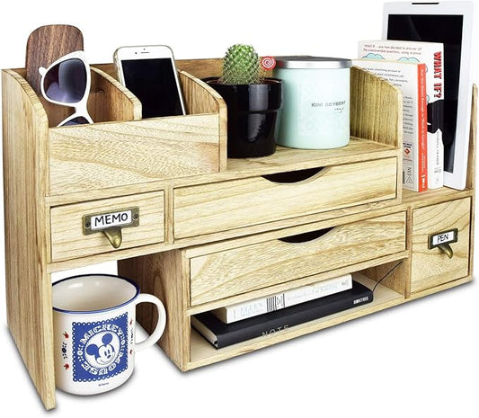 Ikee Design Large Extendable Wooden Desktop Organizer For Office Supplies, Storage Shelf Rack Book Shelf, Stationary Compartment Holder, Back to School, 17 1/4 W x 7 1/2 D x 12 H in
