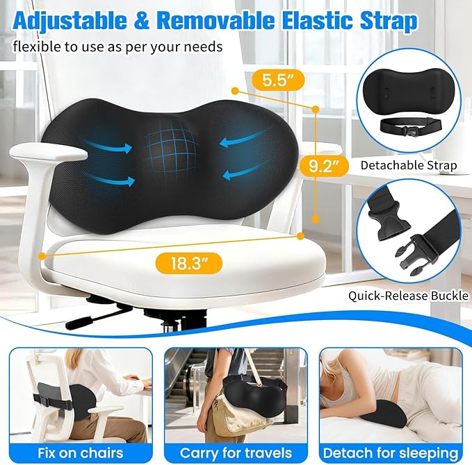 Lumbar Support Pillow for Office Chair - Memory Foam Lumbar Pillow with Detachable Strap & Breathable Cover, Ergonomic Back Support for Office Chair, Car Seat Cushion, Bed Rest (Black)