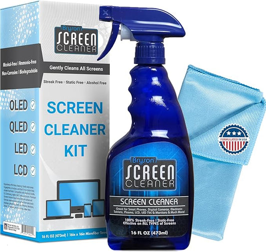Bryson Screen Cleaner Spray and Wipe Kit - Safe for LED, LCD, OLED, Smart TV, Monitor, Laptop, Computer, Car Display - 16oz with Microfiber Cloth