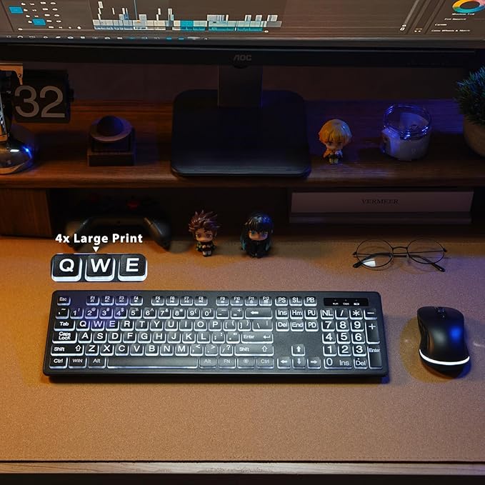 Wireless Keyboard and Mouse - Large Print Wireless Keyboard, KOPJIPPOM 2.4G Full Size Keyboard and Mouse Set with Big Letters and Backlight Key for Seniors, Compatible for Windows, Laptop, PC, Black
