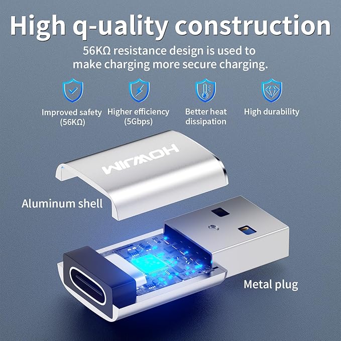 USB to USB C Adapter 2 Pack,HOWJIM Type-C Female to USB3.0 Male OTG Adapter,3A Fast Charging 5Gbps Data Transfer,Type-C to USB Adapter for M-acBook Phone 17/16/15 Serie Pad A-pple Watch G-alaxy Silver