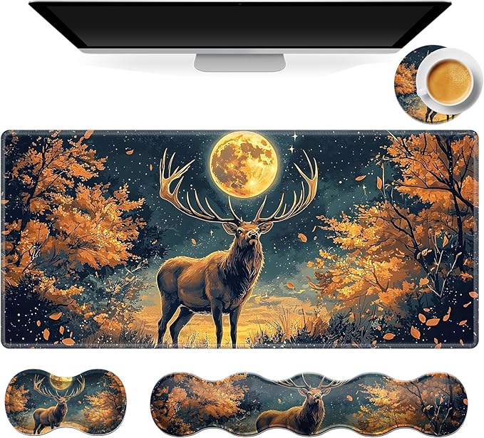 Gaming Mouse Pad Set, Moon Forest Elk Large Desk Mat Mousepad, Keyboard Wrist Support, Mouse Wrist Rest, Coaster 4in1 Ergonomic Memory Foam, Non-Slip Stitched Edge for Home Office