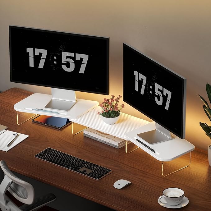 LED Dual Monitor Stand Riser for 2 Monitors,Office Desktop Wooden Stand Adjustable Length and Angle 3 Shelf,Extra Long Multifunctional Stand up to 39.3" for Computer,Laptop,TV,White