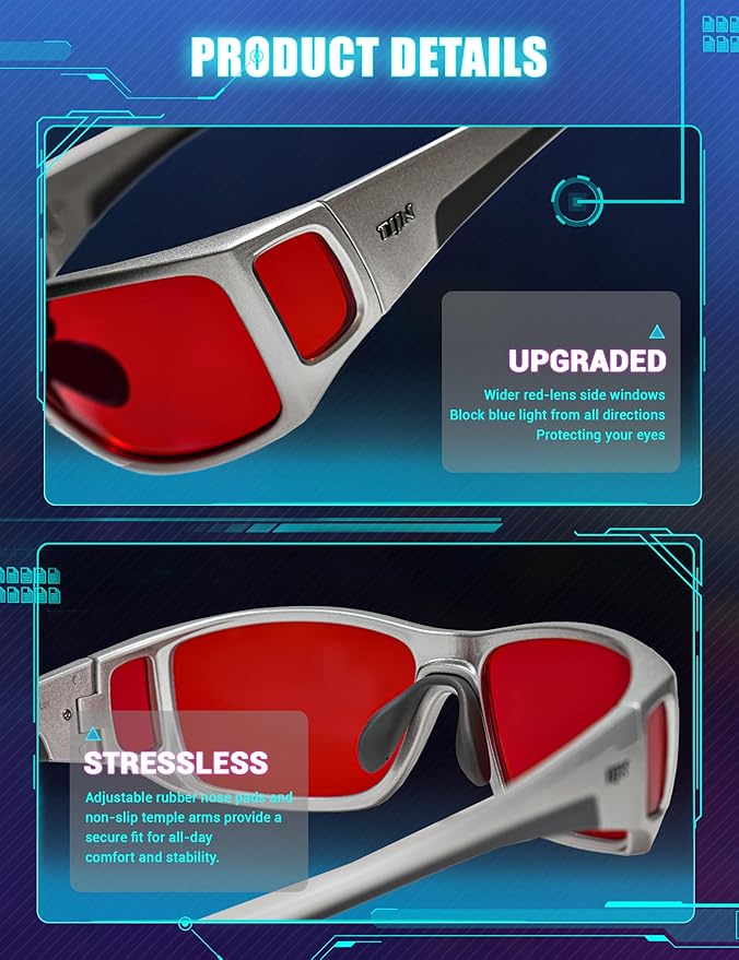 TIJN Sonia Red Sleep Glasses Orange Lens for Blue & Green Light Blocking,Dual AR Coating,Wraparound Frame for Gaming Screen