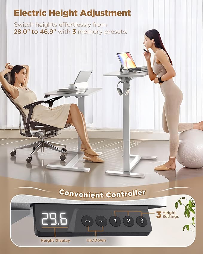 Overbed Bedside Table with Wheels, Electric Standing Desk Adjustable Height, Small Computer Desk for Home Office, Rolling Laptop Desk for Bed, Sofa, or Hospital Use (24"x16",White)