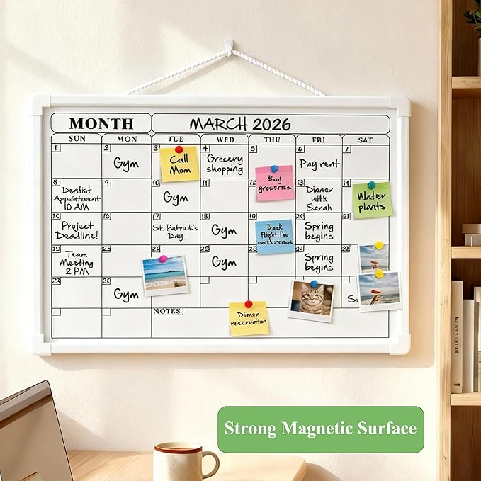 Monthly Whiteboard Calendar for Wall, 16" x 12" Small Hanging Dry Erase Calendar, Double-Sided White Board for Office, School, Kitchen, Kids Room