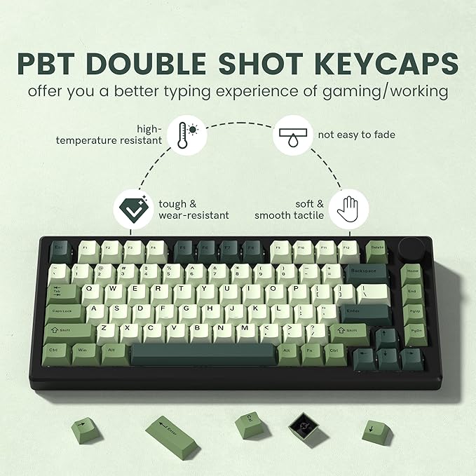 dagaladoo Double Shot PBT keycaps, Cherry Profile Keyboard Key caps, Matcha Green Custom keycaps 75 Percent 138-key Set for 60% 65% 75% 100% Cherry Gateron MX Mechanical Keyboard