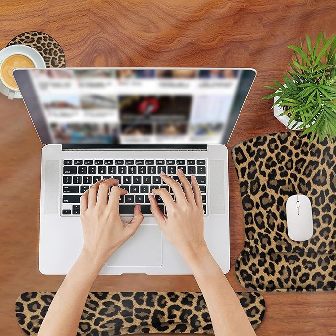Ergonomic Mouse Pad, Mouse Wrist Rest Pad + Keyboard Wrist Rest Pad + Coaster, Made of Memory Foam, Easy to Use and Relieve Wrist Pain, Computer, Games, Office, Home - Leopard Print