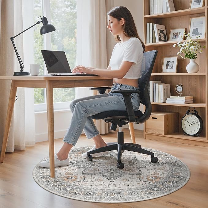 48"x48" Office Chair Mat for Hardwood Tile Floor, Under Desk Carpet Protector for Rolling Computer Chair Mat, Machine Washable Round Area Rug, Anti-Slip 1/5" Thick Low Pile Thin Floor Mat, Taupe