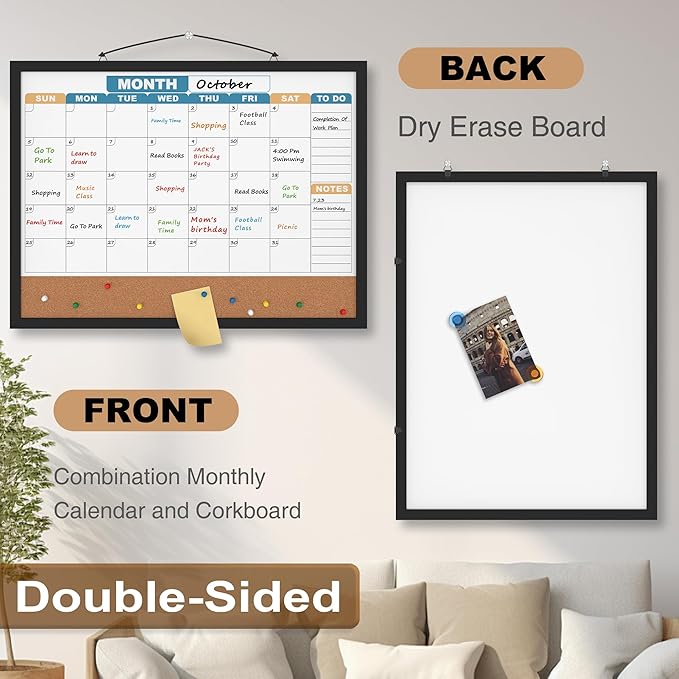 Monthly Calendar Dry Erase Board 24x18 Inch, Double-Sided Whiteboard and Corkboard Combo with Black MDF Frame (Color Calendar), Wall Mounted Planner with Marker, Magnet, Push Pin, Eraser