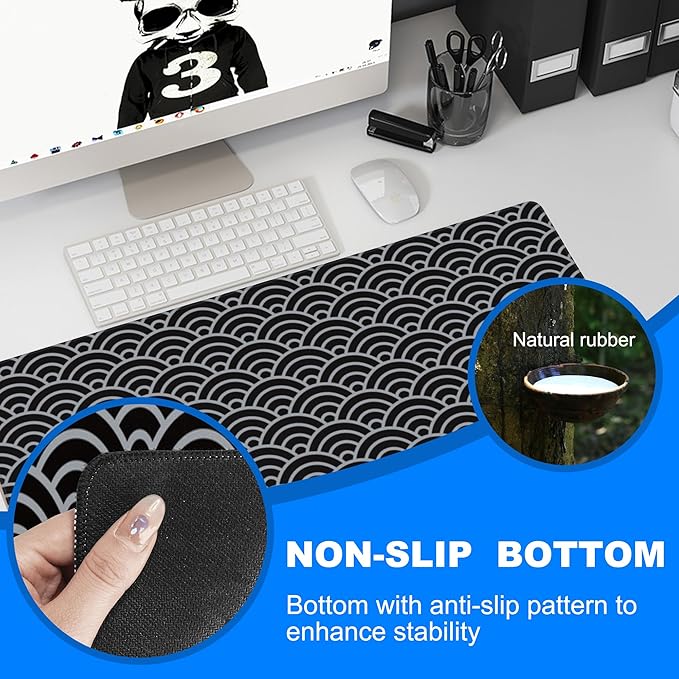 Desk Pad, Black and Silver Fan-Shaped Waves Extended Gaming Mouse Pad Large, 31.5"x11.8" Big Mouse Pad with Non-Slip Base and Stitched Edge, Long Computer Keyboard Mouse Mat for Home Office Work