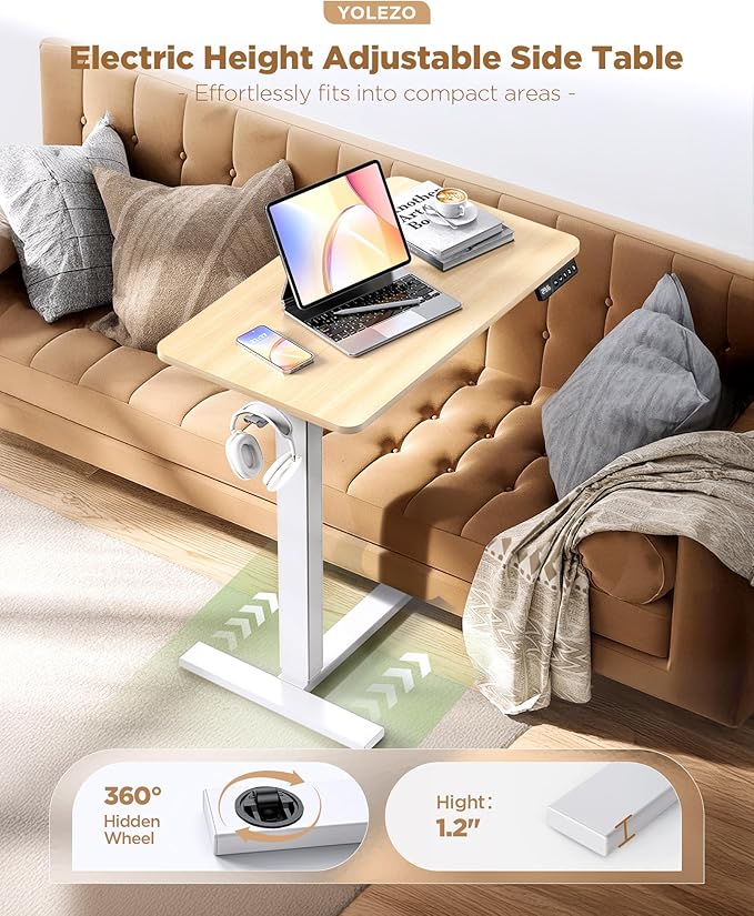 Overbed Bedside Table with Wheels, Electric Standing Desk Adjustable Height, Small Computer Desk for Home Office, Rolling Laptop Desk for Bed, Sofa, or Hospital Use (24"x16",Oak)