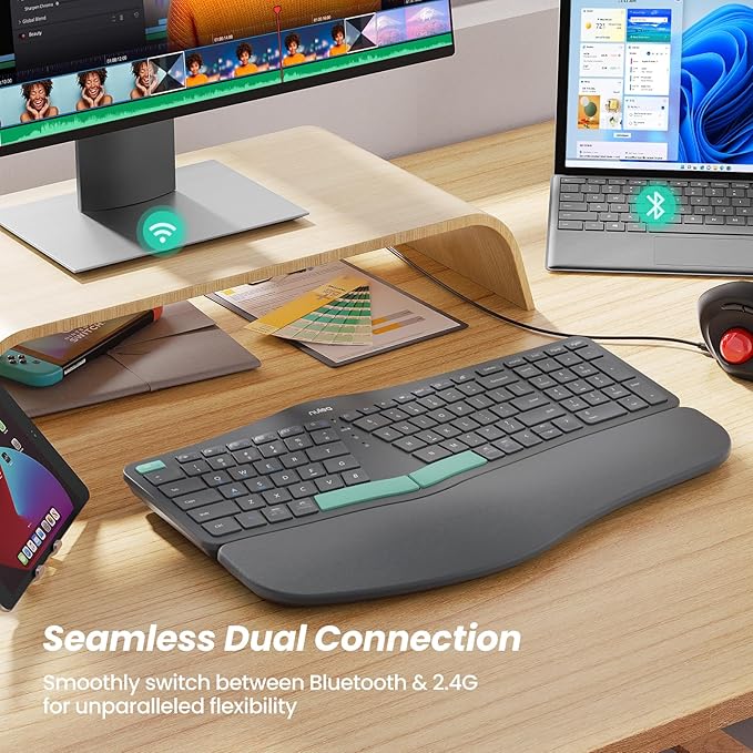 Nulea Wireless Ergonomic Keyboard, Split Keyboard with Cushioned Wrist Rest, USB and Bluetooth Connectivity, USB-C Rechargeable, Compatible with Windows Mac