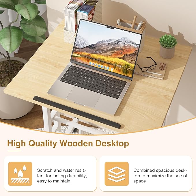 VECELO Small Mobile Standing Desk 24 Inch, Adjustable Height Portable Stand Up Desk with Wheels Computer Workstations, Rolling Laptop Cart, Oak