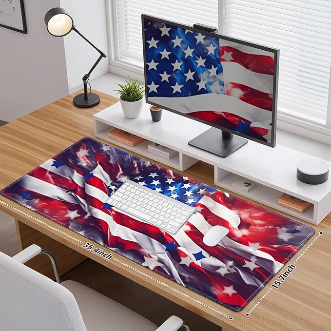 Desk Pad for Keyboard and Mouse, Large Mouse Pad for Desk, Non-Slip Keyboard Mat, Computer Mats for Desk, Desk Pad with Stitched Edges for Office, Gaming Men Boy I American Flag USA