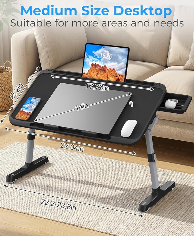 Laptop Bed Tray Table, Adjustable Sturdy Laptop Stand for Bed with Premium Materials, Folding Portable Lap Desk with Drawer for Writing Working Reading Eating Couch Floor (Black, 22.04"×12.2")