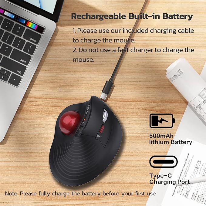 JOMAA Wireless Vertical Trackball Mouse - Ergonomic Design, 3-Device Switching, 2.4G/Bluetooth 5.0, Rechargeable Type-C, Adjustable DPI, Compatible with Windows/macOS/iOS/Android (RED)