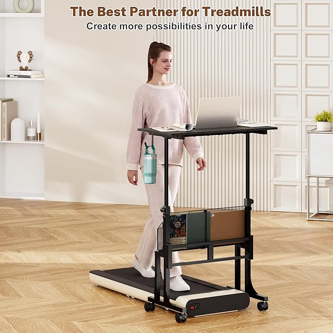 Height Adjustable Standing Desk With Storage, Small Stand Up Desk With wheels, Portable Rolling Desk for Home Office, Mobile Sit Stand Desk for Small Spaces, For Walking Pad Treadmill, Black