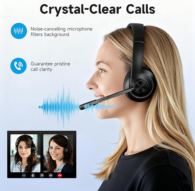 AOC Wireless Headset with Mic for Work, Bluetooth 5.4 Headphones with Noise Canceling Microphone, USB C, 30H, Clear Calls & Mic Mute for PC, Laptop, Cell Phones, Zoom - Black