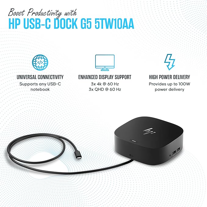 HP Docking Station for Laptop Dual Monitor and Charging - 5TW10AA / 5TW10UT / 5TW10AA#ABB USB-C G5 Dock with 120W AC Adap TER + HDMI Cable + DisplayPort Cable + Cleaning Cloth