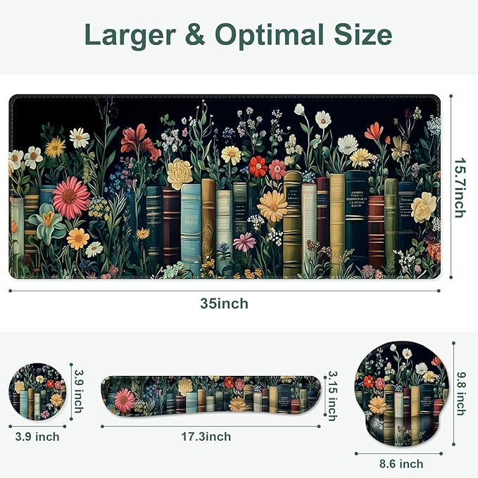 Wildflowers Mouse Pad, Large Desk Mat Extended Nature Botanical Aesthetic Deskpad, 4 PCS Non-Slip Rubber Base Computer Mouse Pads for Work, Game, Office, Home Decor Gifts I Floral Plants Books