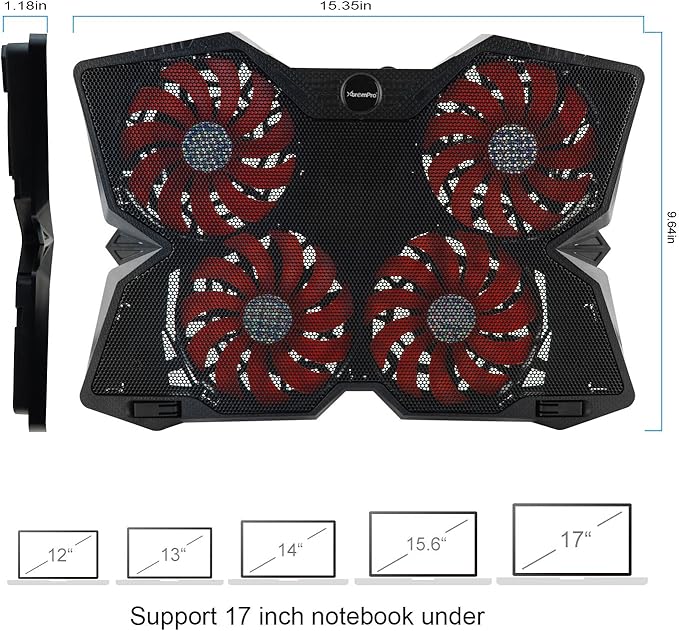 Portable Metal Mesh Laptop Cooler Cooling Pad, 4 Quiet Fans w/Red LED Light, Adjustable Height, Up to 17" Inch Notebook, 2 USB Interface w/Speed Control Switch, Non-Slip - Black (11148)