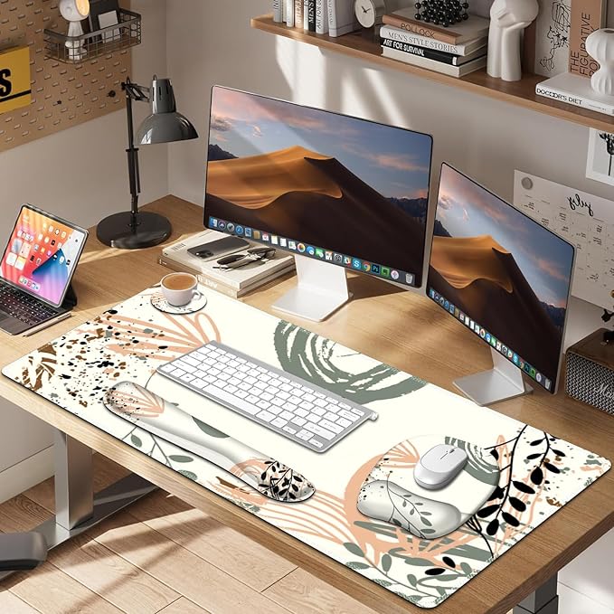 Large Mouse Pad with Wrist Support 4 in1 Set, XXL Big Game Mousepad + Keyboard Wrist Rest+Mouse Wrist Rest+Coaster Ergonomic Gaming Mat for Home Office Table Computer I Modern Boho Leaves