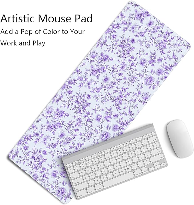 Purple Chinoiserie Mouse Pad,Vintage Purple and White Floral Desk Mat,XL Large Vintage Flowers Preppy Mouse Pad,Girly Laptop Desk Mat for Dorm Home Office,31.5x11.8 Inch