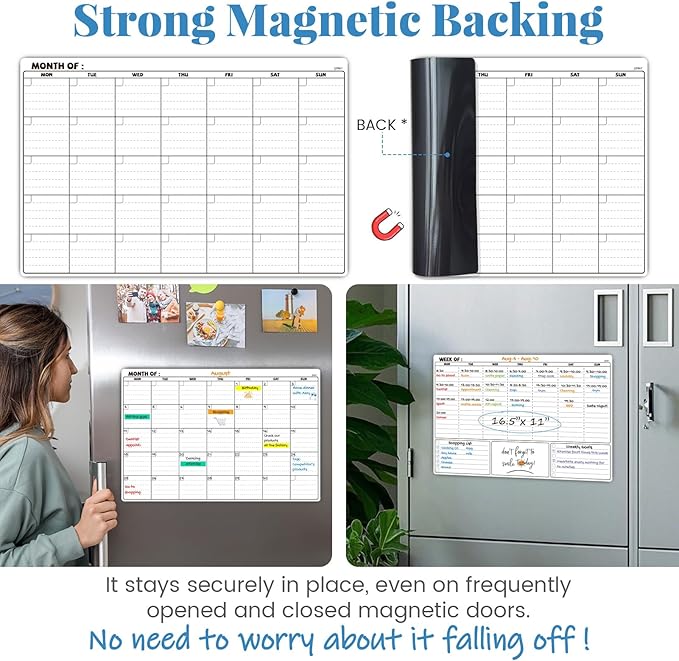 JJPRO Magnetic Dry Erase Calendar&54 Reuasble Sticky Highlight Tabs for Refrigerator-Reusable Monthly Calendar,Weekly Planner&Reuasble Sticky Highlight Tabs/Notes for Fridge-Starts Monday-16.5"x11"