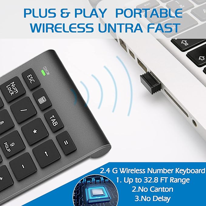 Foloda Number Pad for Laptop, 10 Keys USB Number Numeric Keypad Numpad, 22 Keys Wireless Numberpad Keyboard Laptop Accessories for PC Desktop Surface Pro Notebook