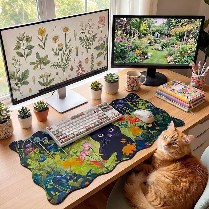 Kingdder Black Cat Floral Scalloped Desk Mat 31.5" x 15.7" Large Cute Cat Mouse Pad Kawaii Keyboard Mat with Nonslip Waterproof Rubber Base Pad for Laptop Computer Gaming Dorm Home Office