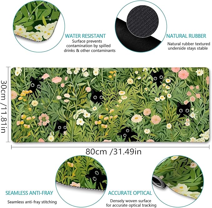 Anime Cat Mouse Pad Green Desk Mat, XL Gaming Mouse Pad with Stitched Edges Non-Slip, Large Keyboard Mat for Desktop Computer Laptop Work Home Cute Office Desk Accessories 31.5x11.8 in