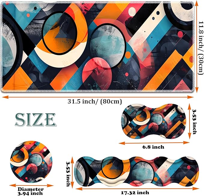 Large Gaming Mouse Pad + Keyboard Wrist Rest + Wrist Support + Coaster Set, Memory Foam Ergonomic for Easy Typing, XXL Extended Gaming Mouse Pad Table Pad - Abstract Geometric Pattern