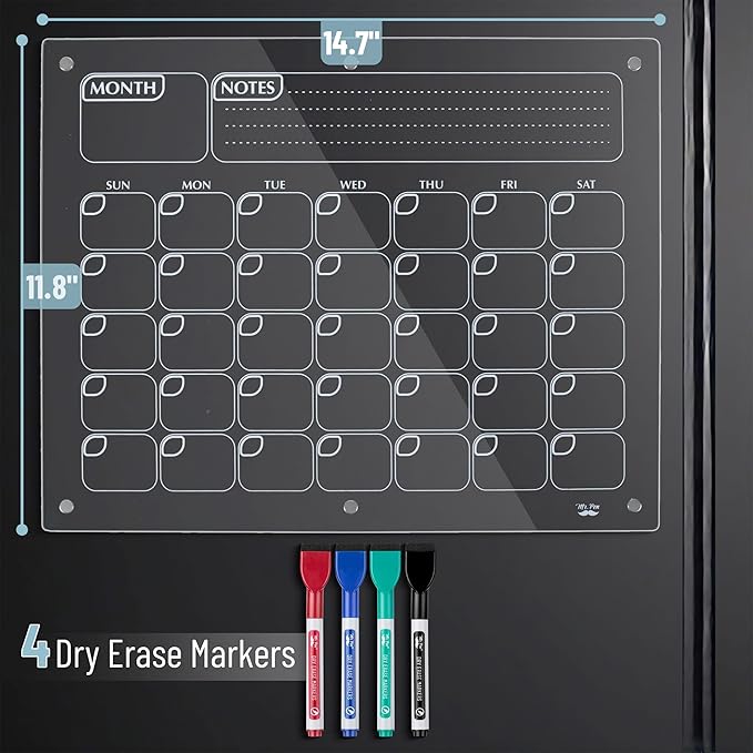 Mr. Pen- Dry Erase Calendar for Fridge, Magnetic, 14.7 x 11.8, Magnetic Calendar with 4 Dry Erase Markers, Magnetic Calendar for Fridge, Magnetic Whiteboard Calendar, Dry Erase Fridge Calendar