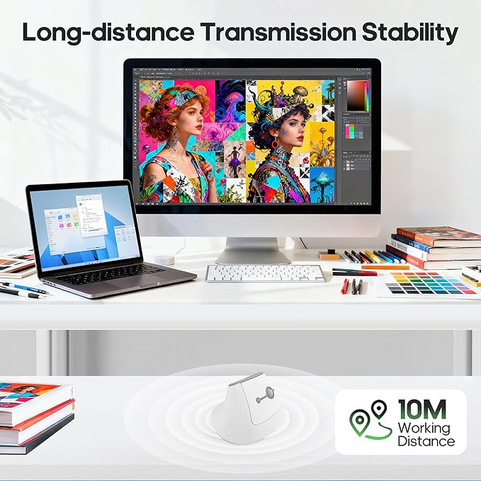 Ergonomic Vertical Mouse,Wireless Bluetooth 5.0 and 2.4G Mouse,Silent Click,60% Reduced Wrist Pressure,3 Adjustable DPI for PC,Mac,Laptop,Computer,Home,Office Use (White)