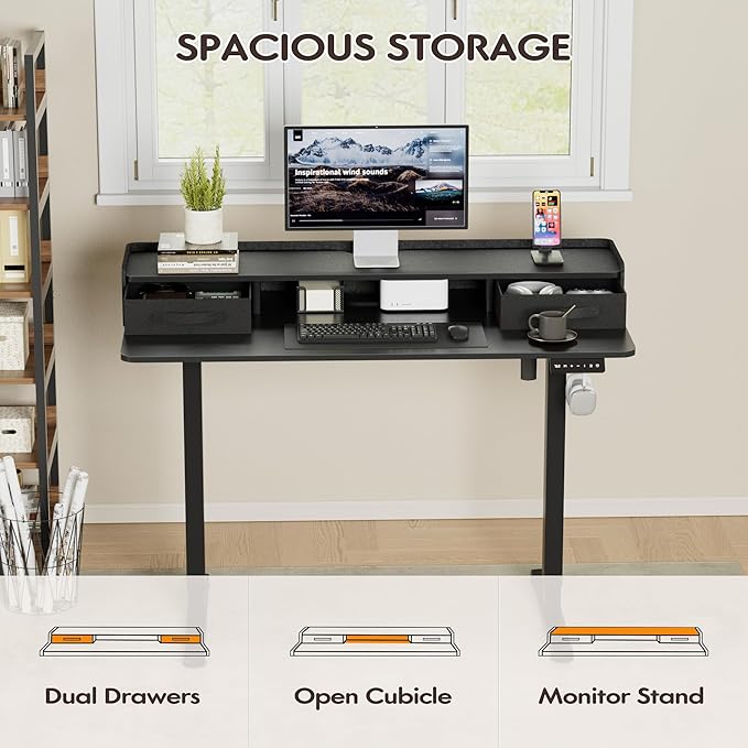 Furmax Electric Standing Desk with Drawers, Stand Up Desk with Storage Shelf Height Adjustable Computer Desk with Organizer for Home Office Ergonomic (Black, 48 Inch)