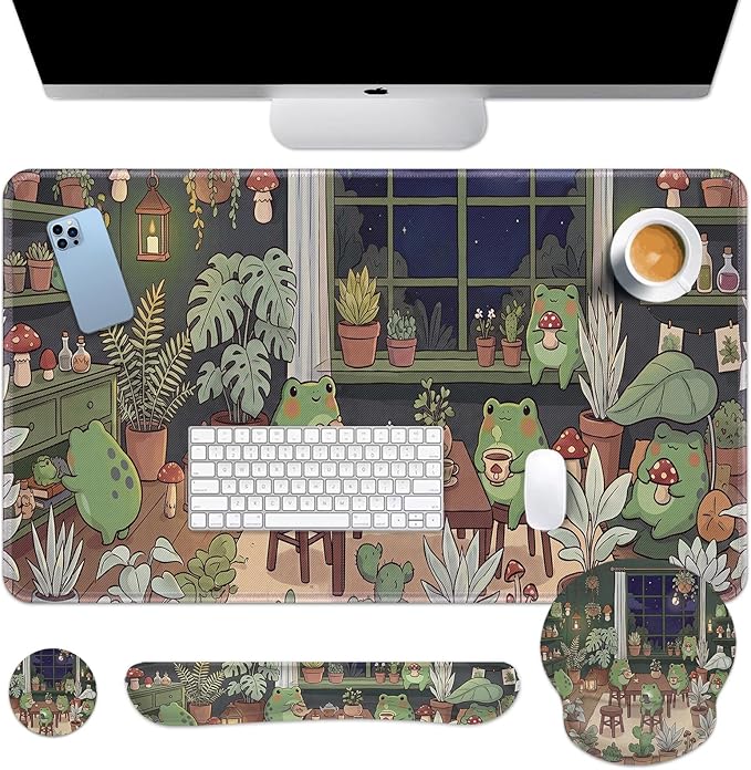 Arttown Cute Frog Desk Mat Plant Cartoon Mouse Pad Set 4 in 1 Ergonomic Design Large Mouse Pad + Keyboard Wrist Rest + Mouse Wrist Rest + Coaster Suitable for Home Office Study Game