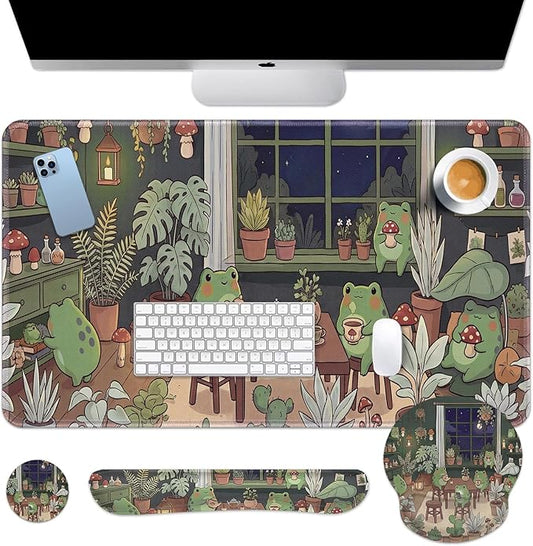 Arttown Cute Frog Desk Mat Plant Cartoon Mouse Pad Set 4 in 1 Ergonomic Design Large Mouse Pad + Keyboard Wrist Rest + Mouse Wrist Rest + Coaster Suitable for Home Office Study Game