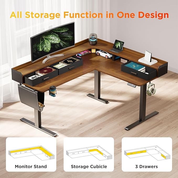 63 Inches Height Adjustable L Shaped Standing Desk with 3 Drawers and Monitor Shelf, Electric Sit to Stand Home Office Comupter Table, Ergonomic Corner Gaming Desk, Black Walnut
