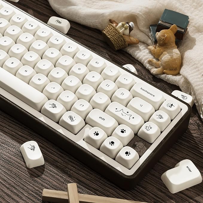 PBT Keycaps Set 124 Keys, Minimalist Style Custom White Cat Keyboard Dye-Sublimation MOA Profile Keycaps 60 65 75 100 Percent
