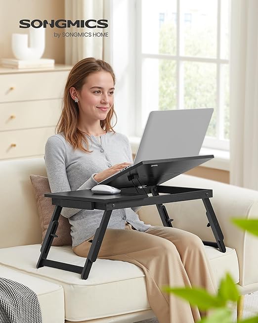 SONGMICS Bed Laptop Desk, Folding Bed Tray for Laptop up to 15.6 Inches, Adjustable Angle and Height, Portable for Working Reading Writing Breakfast, Bamboo Legs, Drawer, Ebony Black ULLD105BE01