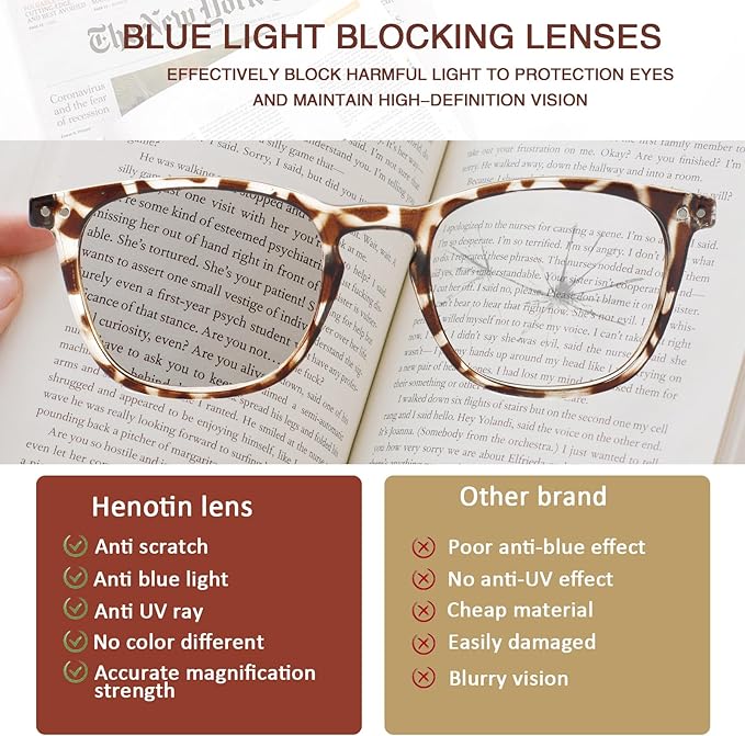Henotin 3 Pack Blue Light Blocking Reading Glasses,Spring Hinge Computer Readers for Men Women,Anti UV Ray Filter Eyeglasses (3 Pairs, 0.00)