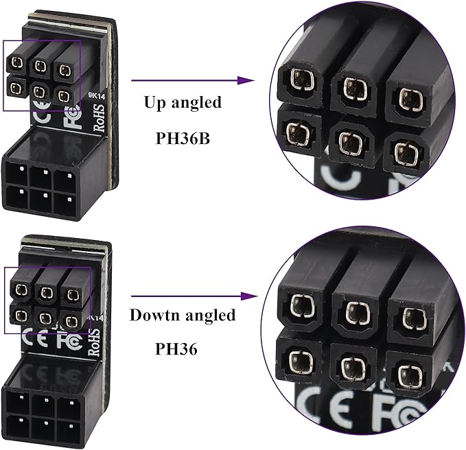 180 Degree 6Pin PCI Power Adapter 180 Degree Angled ATX 6Pin Female to 6pin Male Connector Power Adapter Board for Desktop Graphics Card(2Pack-UP/6Pin)