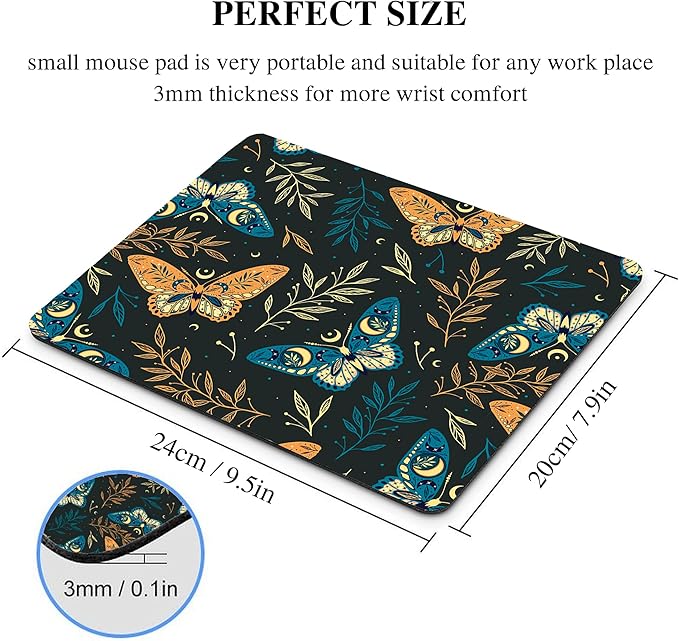 Bohemian Butterfly Mouse Pad Cute, Black Boho Moth Luna Moon Square Computer Mousepads Washable Nature Leaf Floral Mouse Mat Non-Slip Rubber Base for Gaming Office Laptop Wireless Mouse Desk Accessory